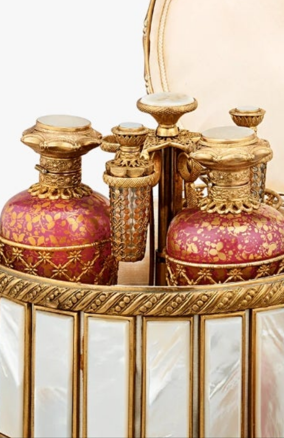 Fabulous Piece A Palais-Royal Mother-of-Pearl Perfume Box and Flasks made of crystal gilt bronze and pink opaline glass. Absolutely stunning. π