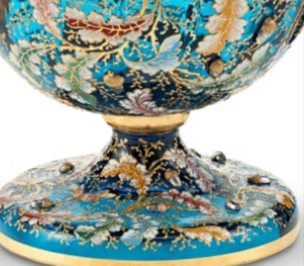 Moser Blue Glass and Enamel Parrot Ewer