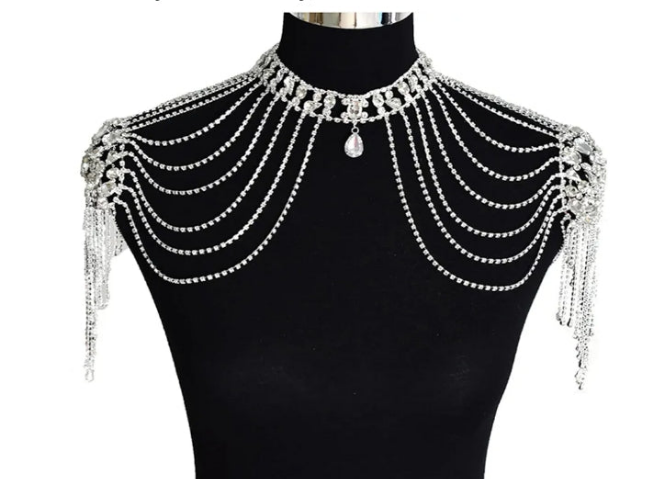Rhinestone Shoulder Chain Wedding Dress Long Shoulder Belt Multi-Layer Tassel Body,Silver