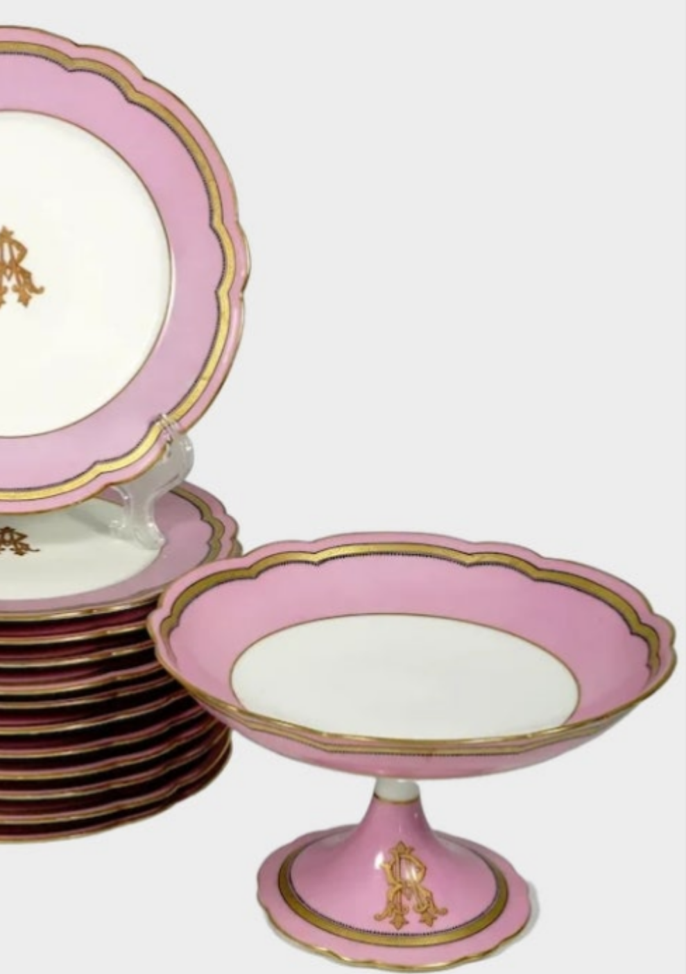 Antique French Old Paris Porcelain Pompadour Pink 15pc Dessert Service Hand Painted Gold Monogram