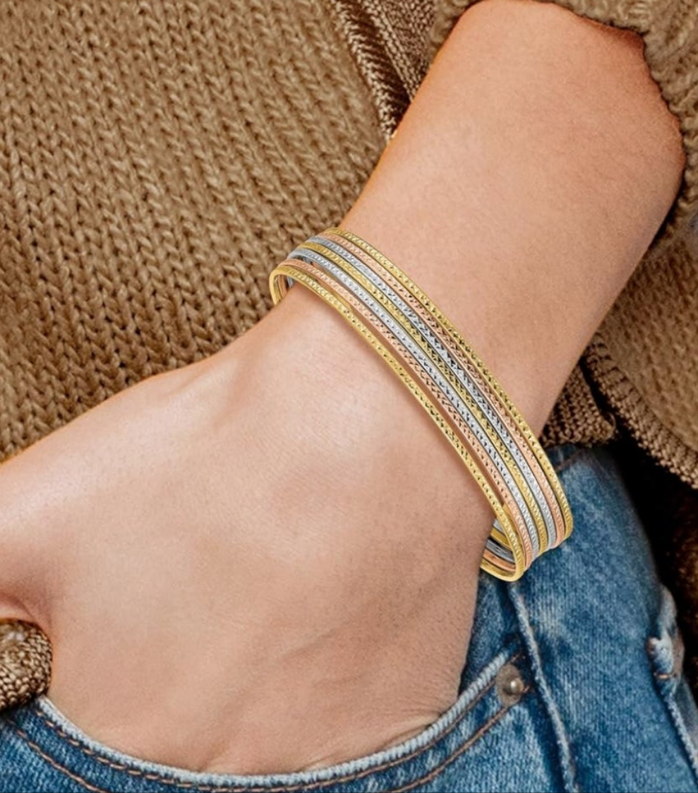 14K Solid Dangling Heart Love Tri Color Pink White Yellow Gold Set of 7 Slip On Bangle Bracelet