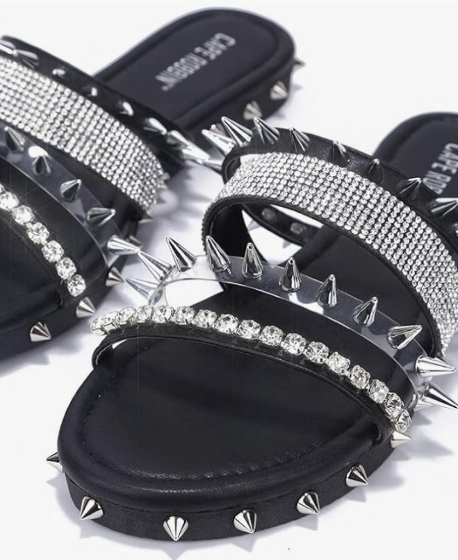Studded Womens Sandals - Fashion Slides for Women with Spikes - Comfortable Slip-On Flat Sandals for Women -