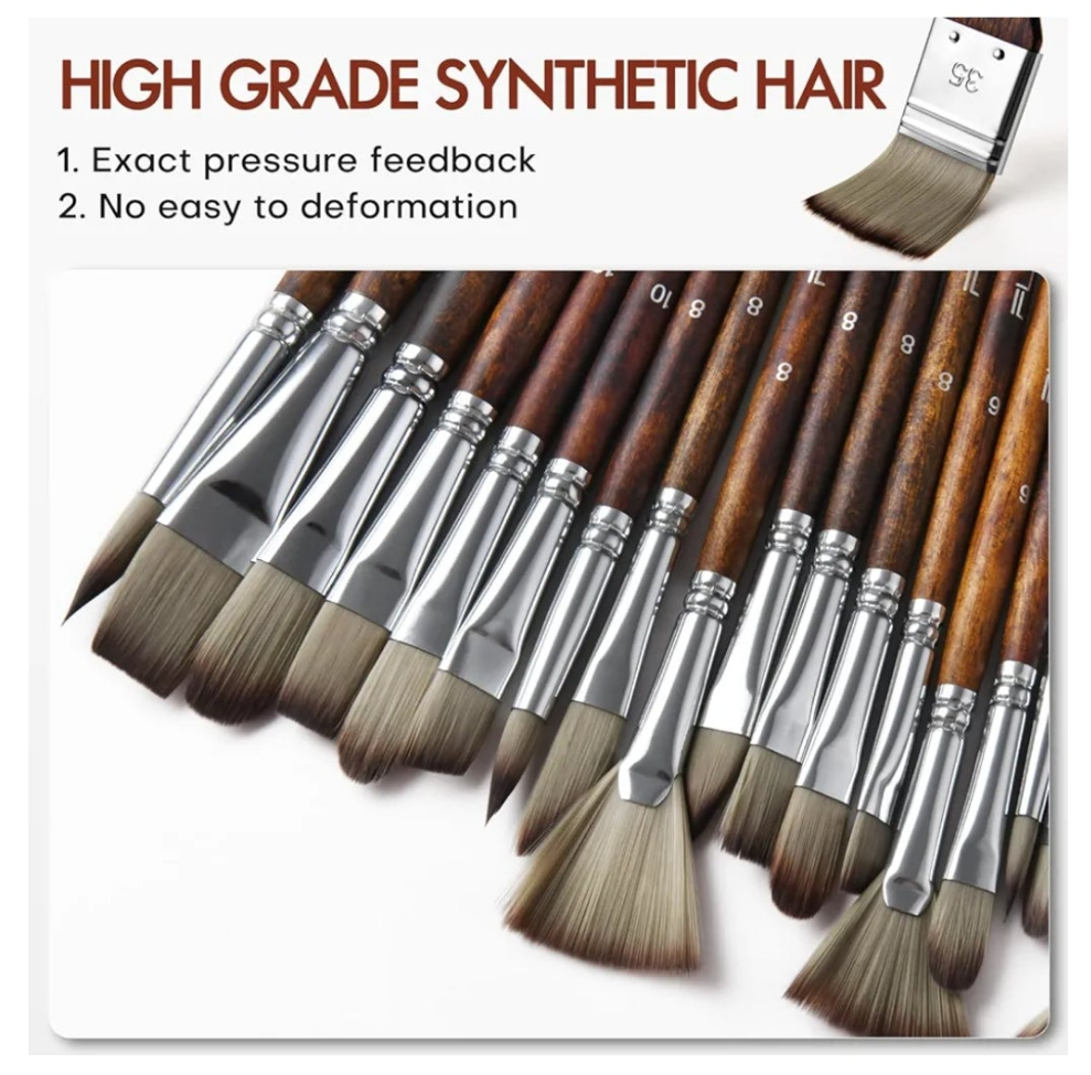 25pcs Paint Brush Set, Fuumuui Acrylic Paint Brushes, Professional Artist Series with Wide Flat, Filbert, Fan, Dagger, Cat Tongue, Round, Angle, Rigger for Oil, Acrylic Canvas Paintings, Face Painting