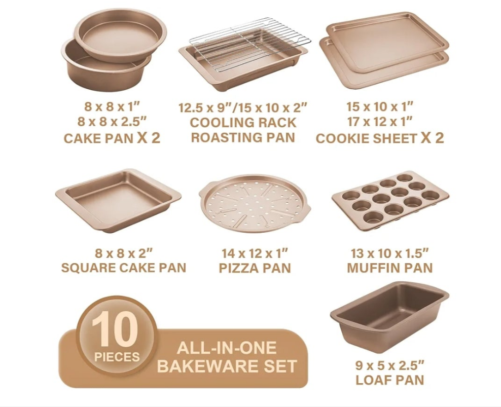 Bakeware Sets, Baking Pans Set, Nonstick Oven Pan for Kitchen with Wider Grips, 10-Piece Including Rack, Cookie Sheet, Cake Pans, Loaf Pan, Muffin Pan, Pizza Pan -