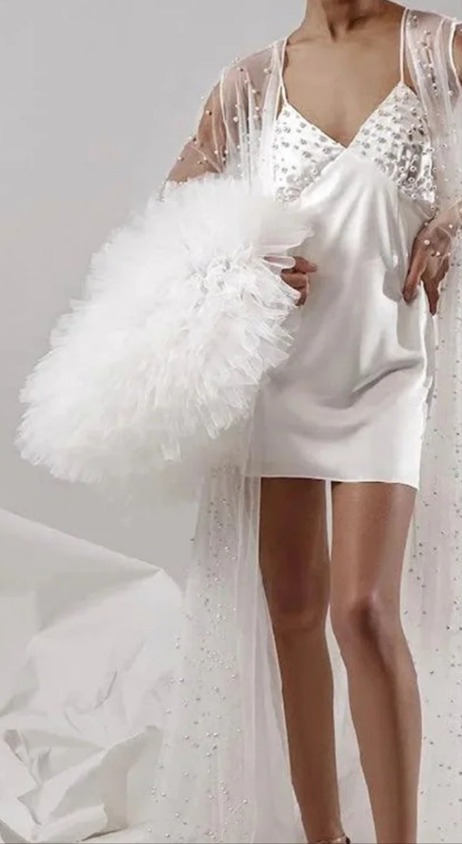 Pearls Ruffled Mesh See-Through Robe-White COCOMONEY under garments not included robe only