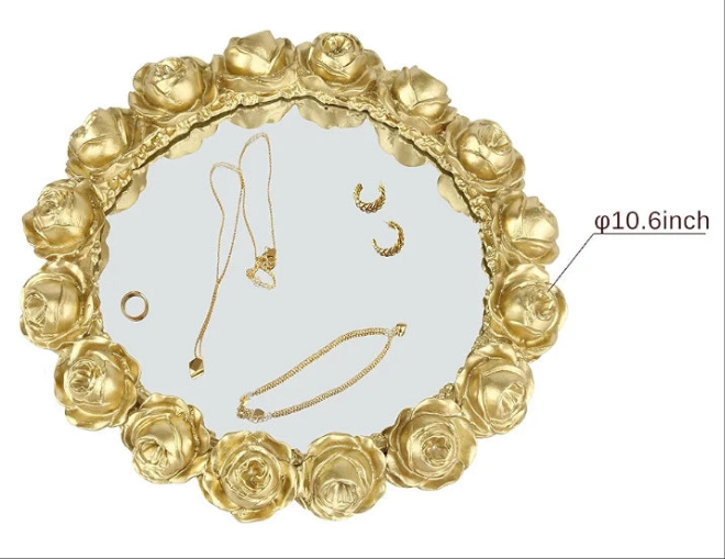 Decorative Round Mirror Tray Bathroom Vanity Tray with Gold Resin Rose for Perfume,Jewelry and Makeup