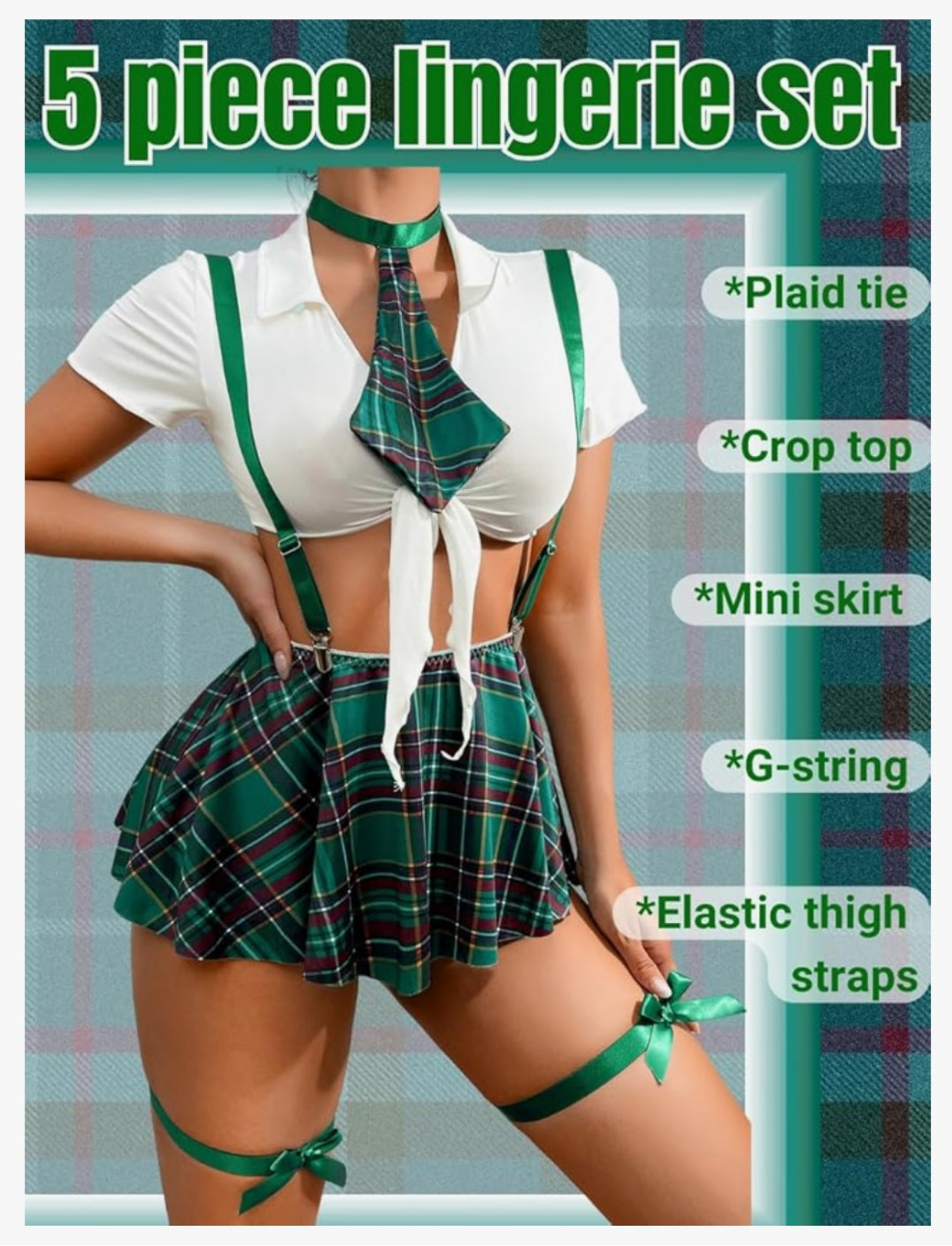 5 Piece Cosplay Costumes For Women,Halloween Lingerie Outfits,Tie Crop Top & Plaid Skirt Set