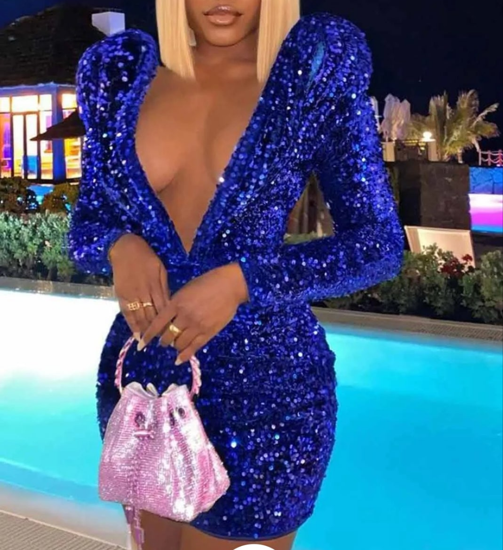 Bodycon Mesh Deep V Neck Sequin Mini Dress-Blue COCOMONEY