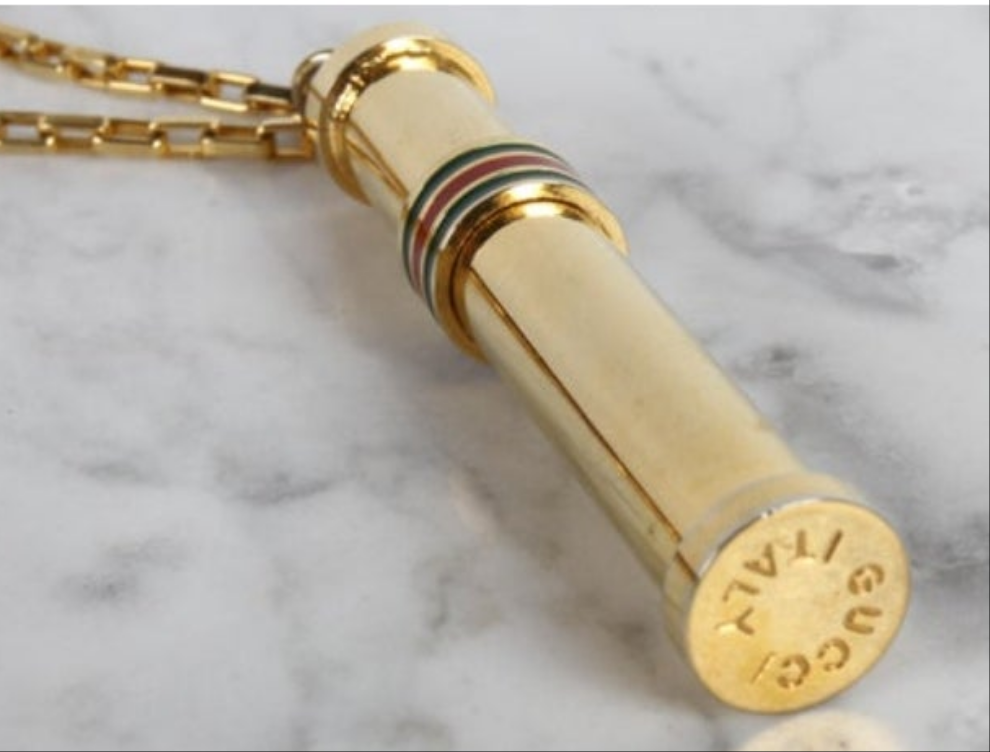 1980s Vintage GUCCI Gold Plated Necklace Perfume Bottle Stick Pendant NOS in Box
