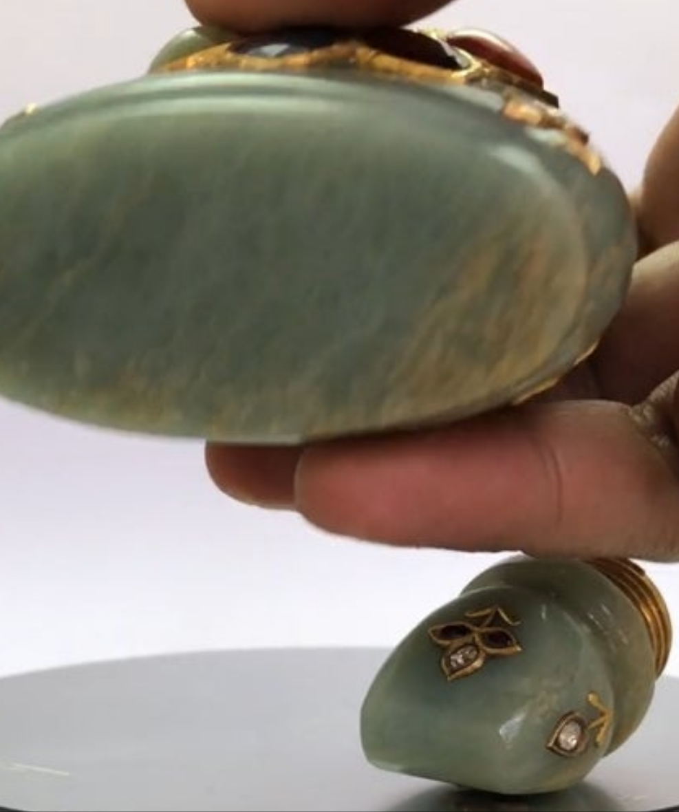 24k Gold Mughal Jadeite Jade Whiskey Flask Encrusted with Nine Gemstones Coral,Diamond,Jade,Blue Sapphire,Yellow Sapphire