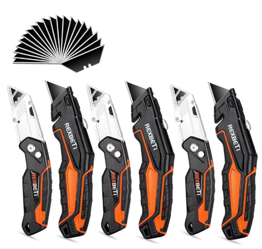 REXBETI Retractable Folding Utility Knife, 6 Pack, SK5 Heavy Duty Box Cutter for Cartons, Cardboard and Boxes, Blade Storage Design, Extra 20 Blades Included