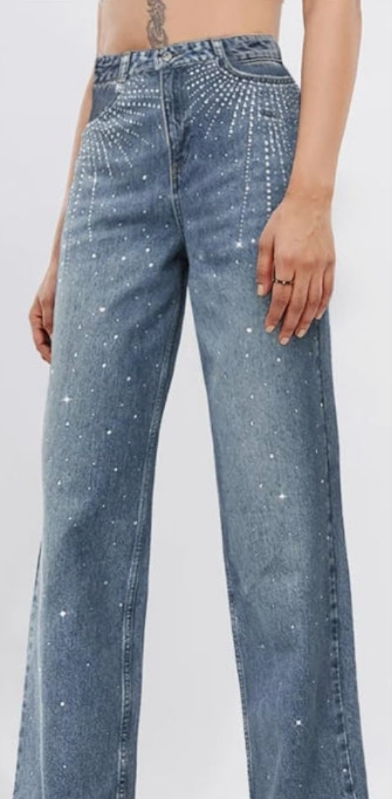 Rhinestone Jeans High Waist Sright Leg Denim Pants Trousers Streetwear