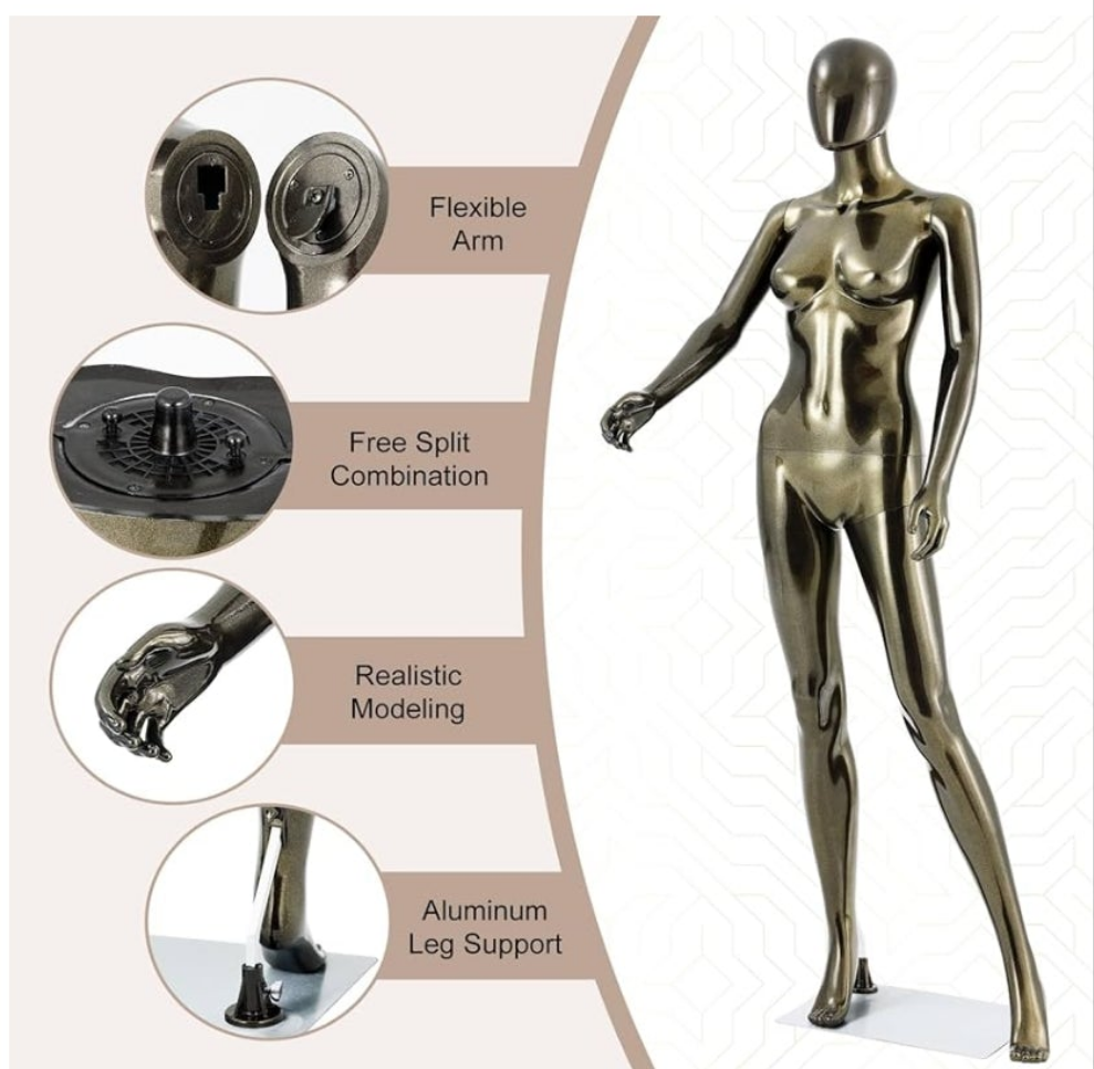 Mannequin Dress Form Display - Manikin Torso Stand Realistic Full Body Mannequin for Retail Clothing Shops, Halloween Christmas Cosplay (Silvery, Female or Male