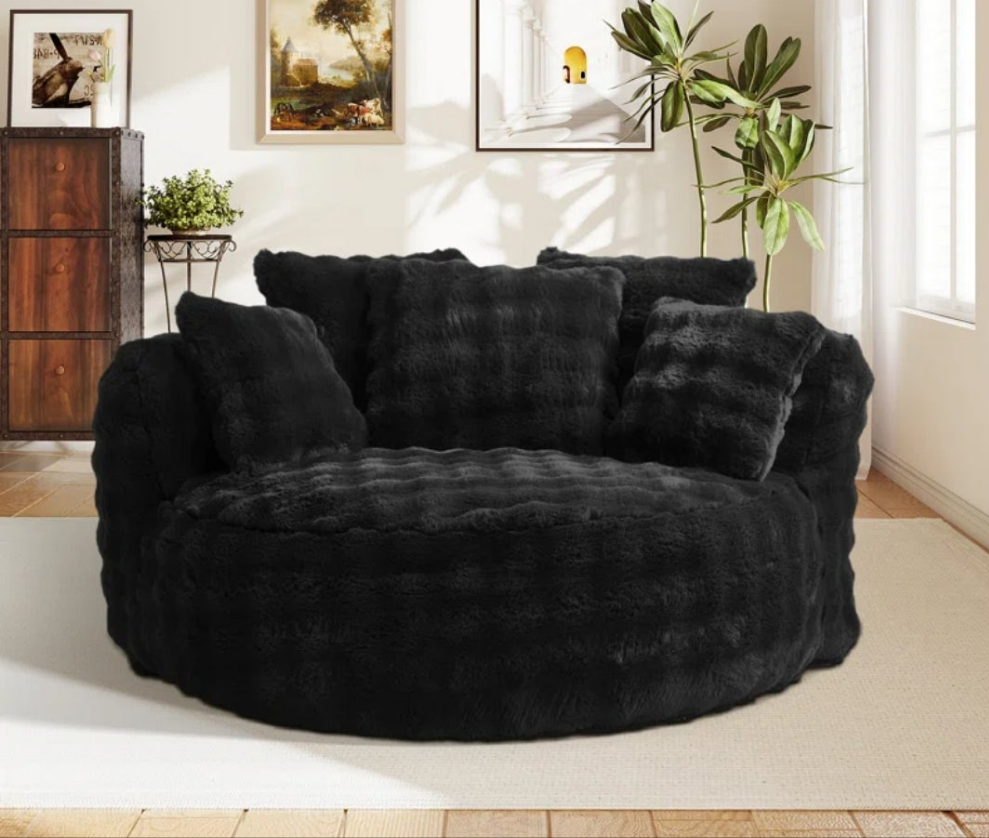 Oversized Faux Fur Round Barrel Accent Chair Pillow Back Large Sofa Chair, No Assembly Required