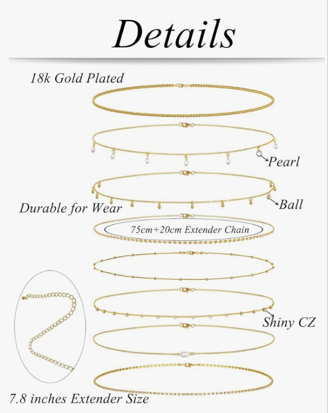 8Pcs Waist Belly Chain 18K Gold Plated CZ Heart Pearl Snake Bead Sequin Paperclip Belly Chain Summer Beach Sexy Body Chains Jewelry Accessories for Women Adjustable