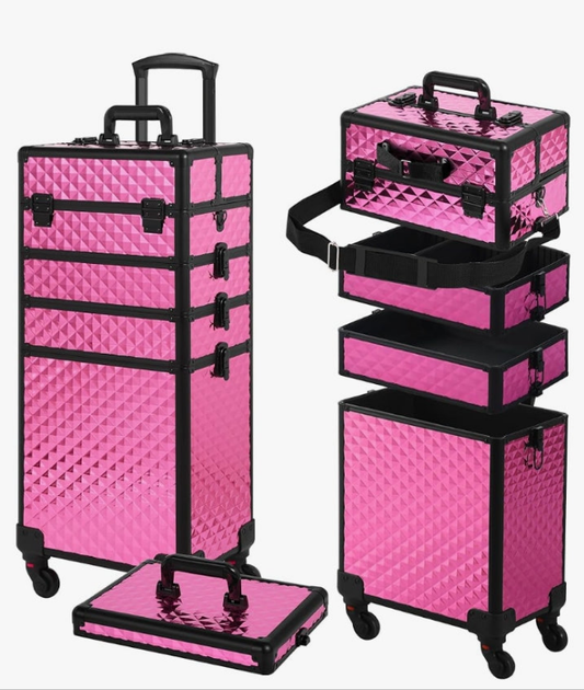 Rolling Makeup Case, Makeup Train Case with Lid, 5 in 1 Cosmetology Case on Wheels, Christmas Gift, Large Makeup Case Organizers, Profesional Cosmetic Case for Salon Barber,