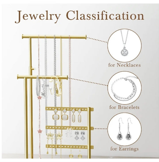 Jewelry Holder Organizer Stand - Adjustable Tall 17.5" (Max), Sturdy Jewelry Hanger for Necklaces, Earrings, Bracelets, Rings, Jewlery Display and Storage,