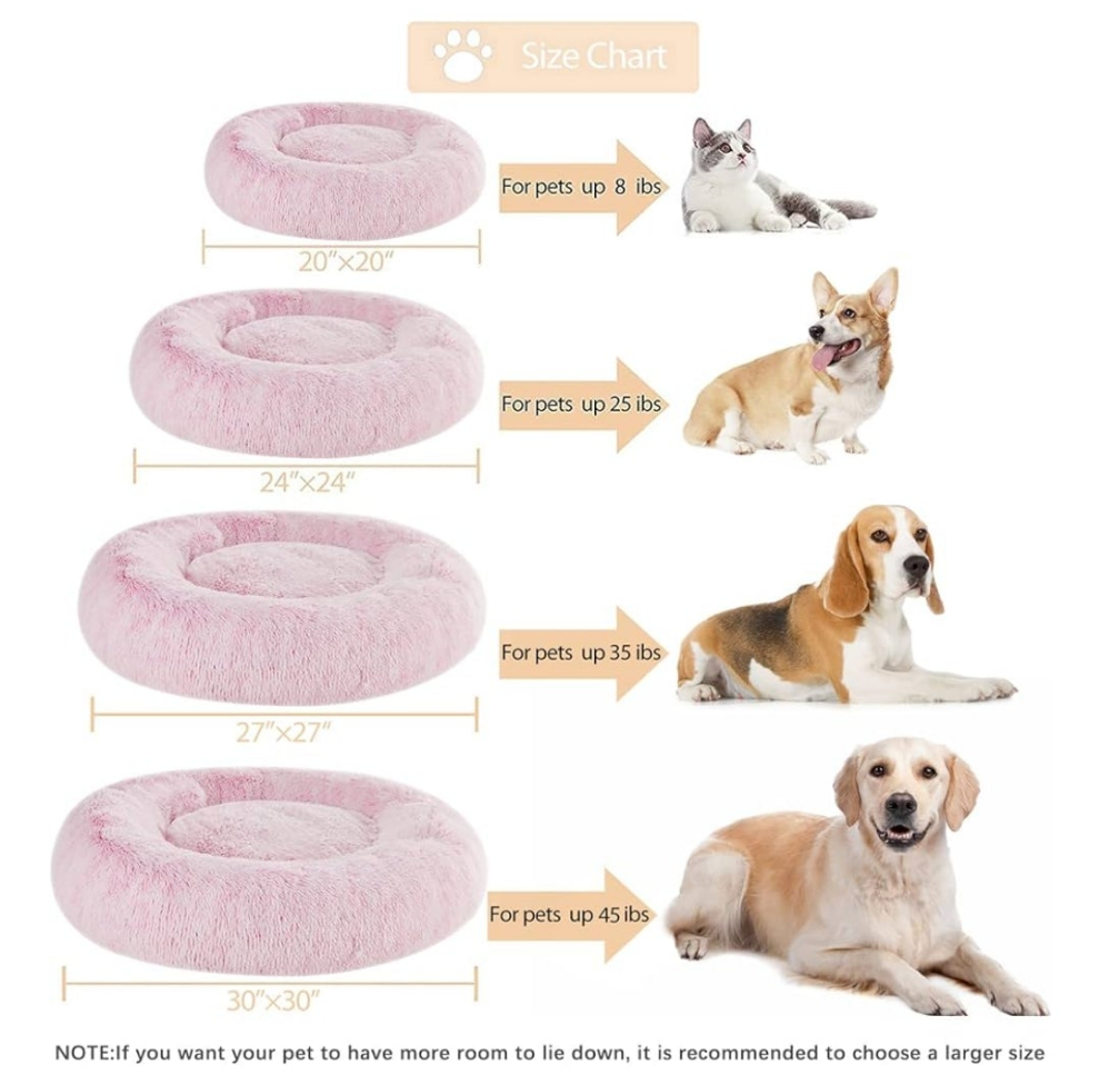 Calming Dog Cat Bed Donut, Faux Fur Pet Bed Self-Warming Donut Cuddler, Comfortable Round Plush Dog Beds