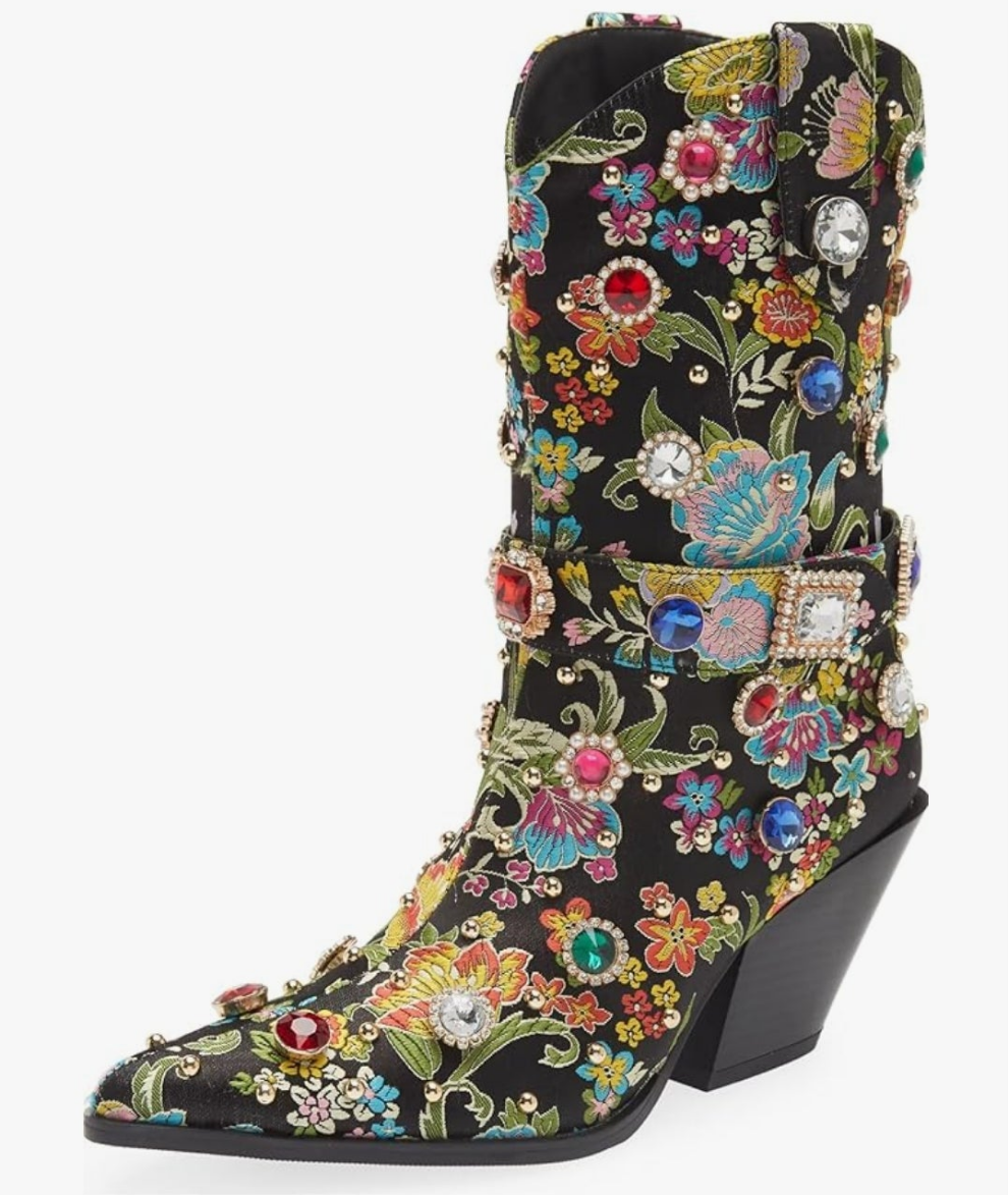 Western Cowgirl Boots For Women Flower Embroidered Rhinestone Mid Calf Pointed Toe Chunky Heel Cowgirl Boots