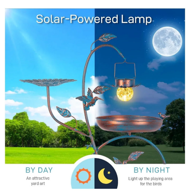 Metal Bird Bath for Outside, Birdbaths Outdoors with Planter and Feeder, Garden Blue Bird Baths with Solar Lights