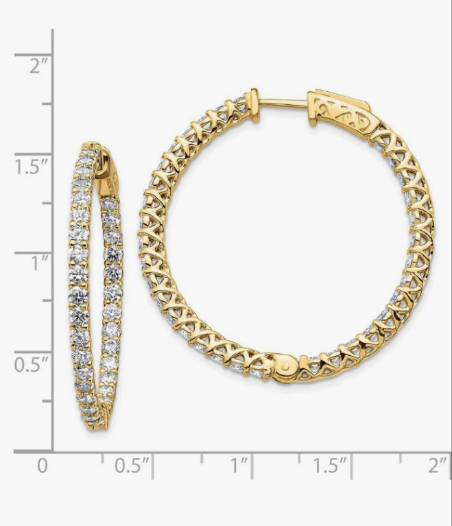Solid 14K Gold Diamond Round Hoop w/Safety Clasp Earrings