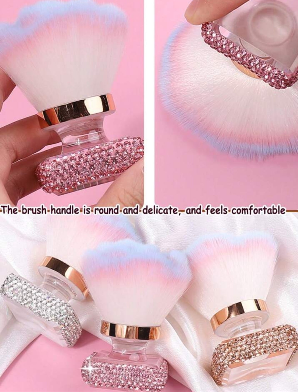 1pc Premium Rose Shaped Makeup Brush With Crystal Decoration, Foundation Blush Brush, Large Size Rose Shaped Nail Art Brush, Diamond Edge Dust Brush