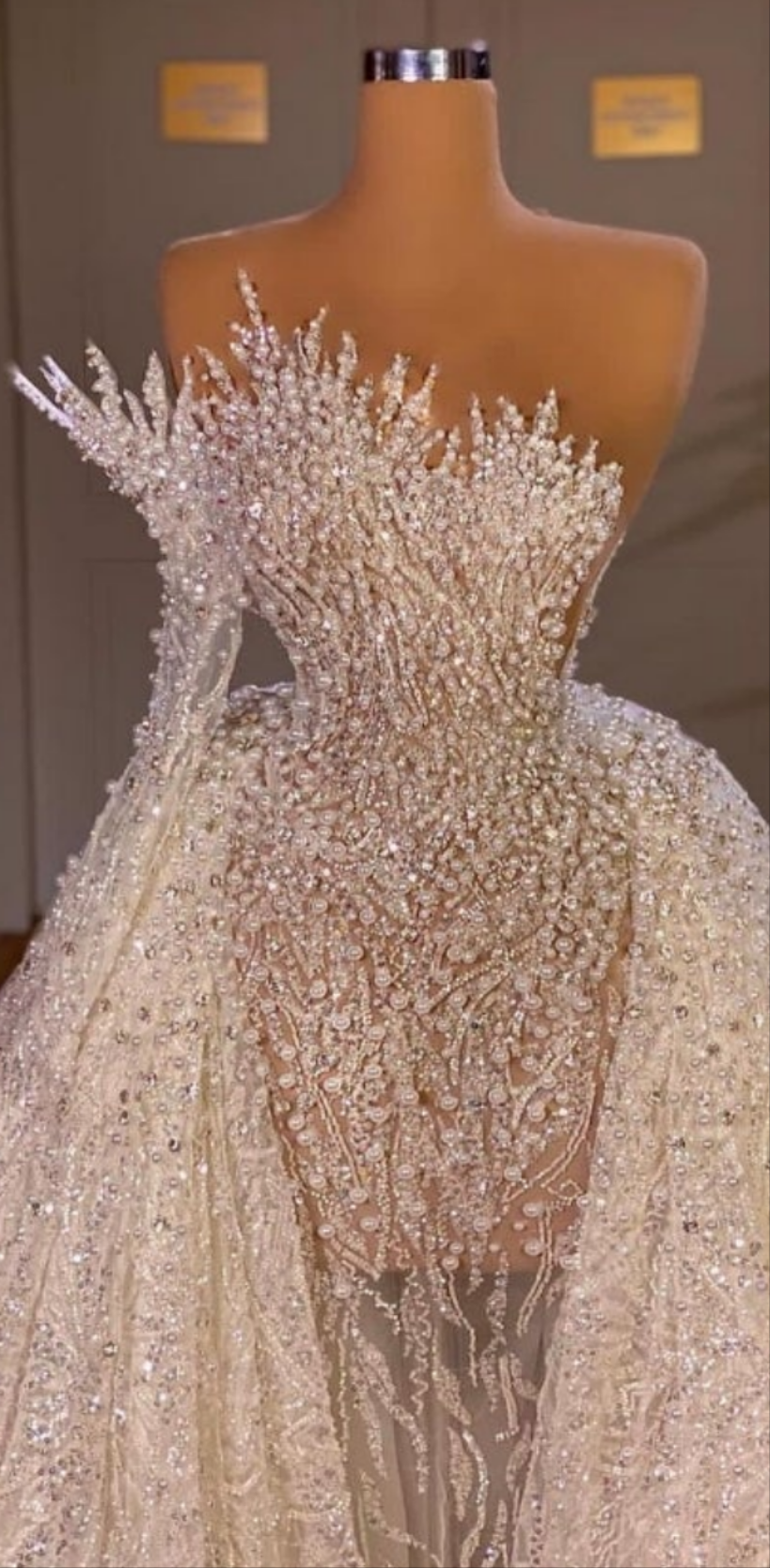 Stunning Long White One Shoulder A-line Beading Pearls Long Sleeve Weeding Dress With Train