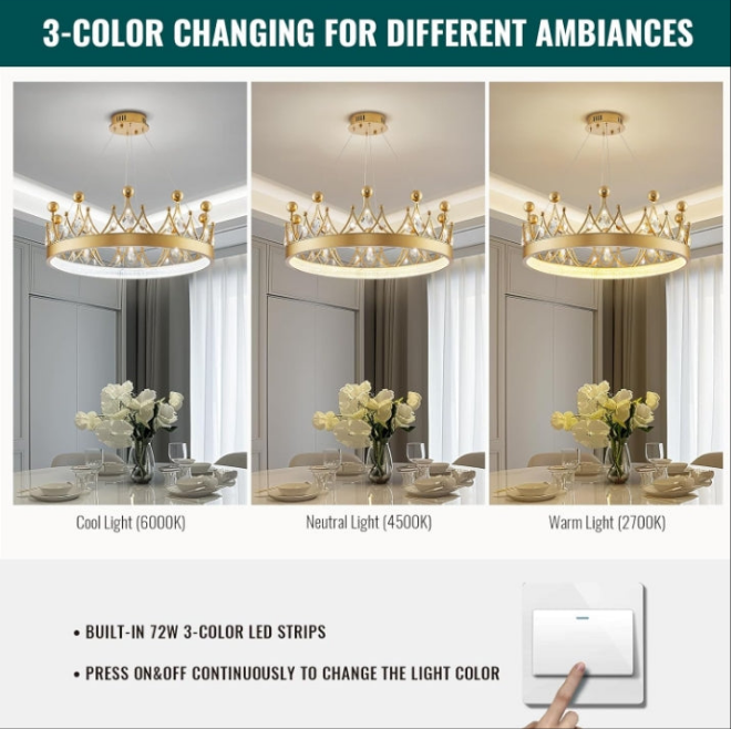 Crystal Chandelier D23.6'' Gold Round LED Crown Chandelier Contemporary Semi Flush Mount Ceiling Light for Nursery Girls Room Dining Room Bedroom