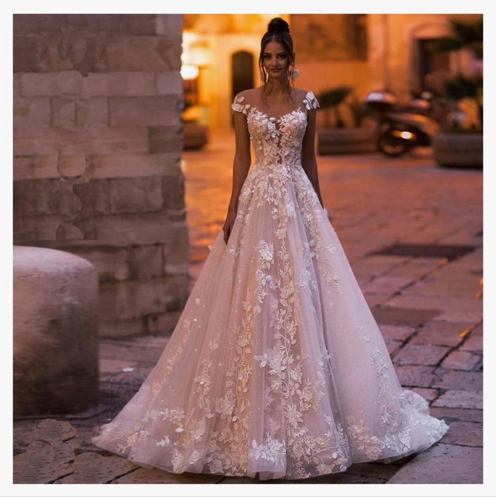V Back Wedding Dress Sexy Elegant A-Line Glitter Lace Applique Floor Length Long Bridal Gown for Bride