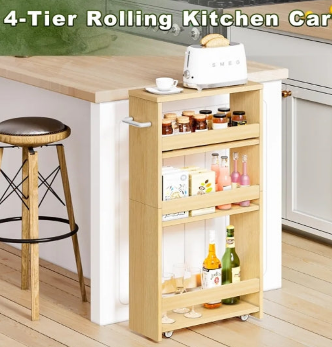 4-Tier Rolling Storage Cart, Narrow Kitchen Cart with Wheels, Slim Storage Cart with Handle Slide Out Utility Cart Mobile Shelving Unit Laundry Bathroom Organizer