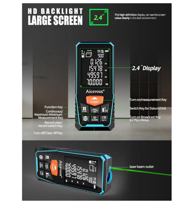 Laser Measure with Large Backlit Screen, Digital Laser Measurement Tool with Electronic Angle Measures Distance, Area and Volume(Green Beam)