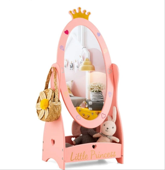 Princess Floor Free Standing Mirror w/Storage Shelf, 360 Degree Rotatable Oval Dressing Mirror w/Cute Crown Pattern for Little Girls Bedroom, Playroom, Pink