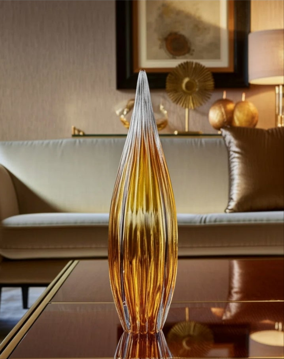 Handcrafted Glass Sculpture with Grooved Teardrop Design and Sleek Contemporary Silhouette Sculpture Decor