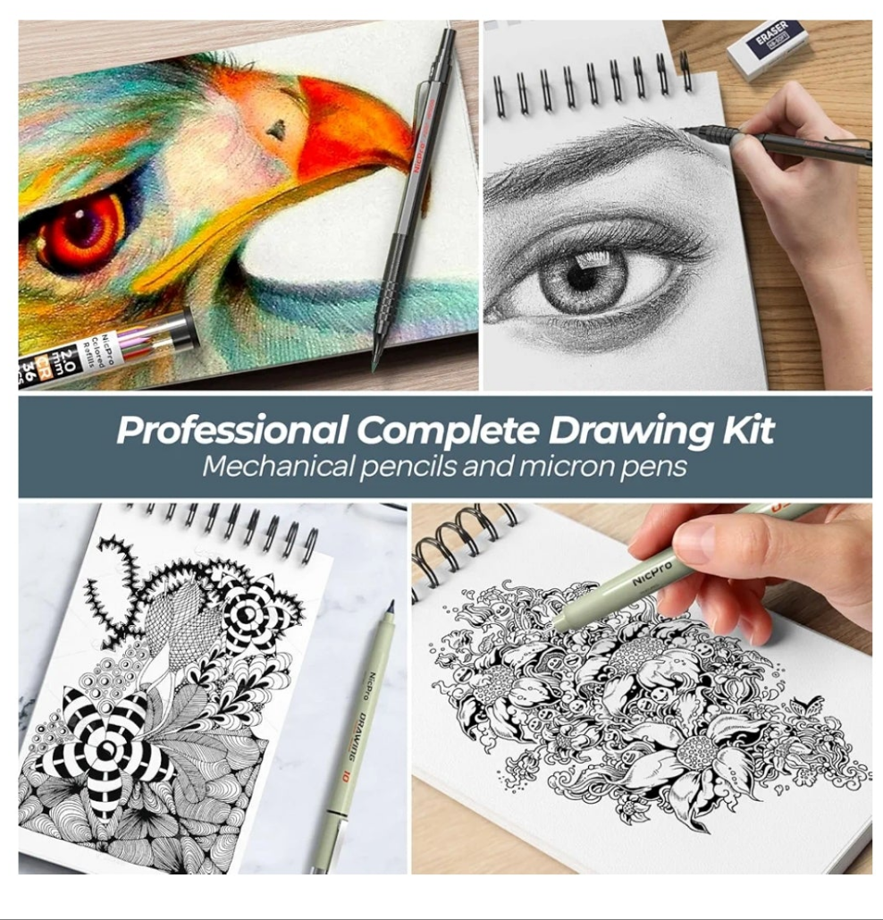 58PCS Art Drawing Supplies Kit in Leather Case, MP1000 Black Metal Mechanical Pencil Set with Drafting Pencil 0.5, 0.7, 0.9 & 2mm, 12 Micron Pen, Sketch Book, 30 Tube Lead Refills for Sketching