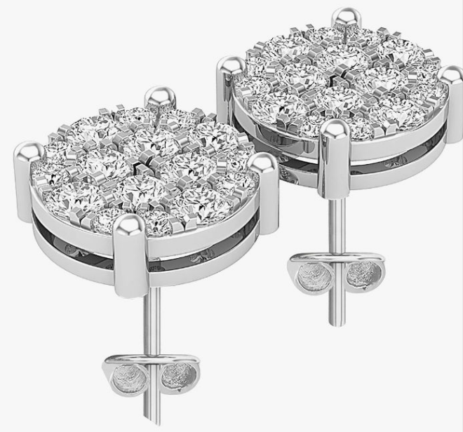 Round White Diamond Ladies Flower Cluster Stud Earrings, 926 Sterling Silver