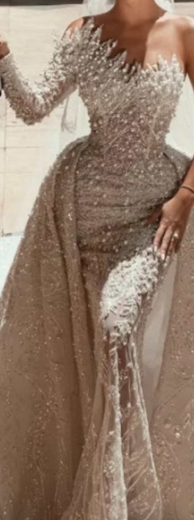 Stunning Long White One Shoulder A-line Beading Pearls Long Sleeve Weeding Dress With Train