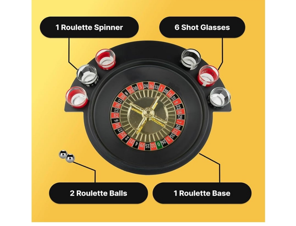 Shot Glass Roulette Drinking Game – 16-Piece Red/Black Set with 2 Metal Balls, Fun Adult Party Game for White Elephant, Game Nights, and Gifts