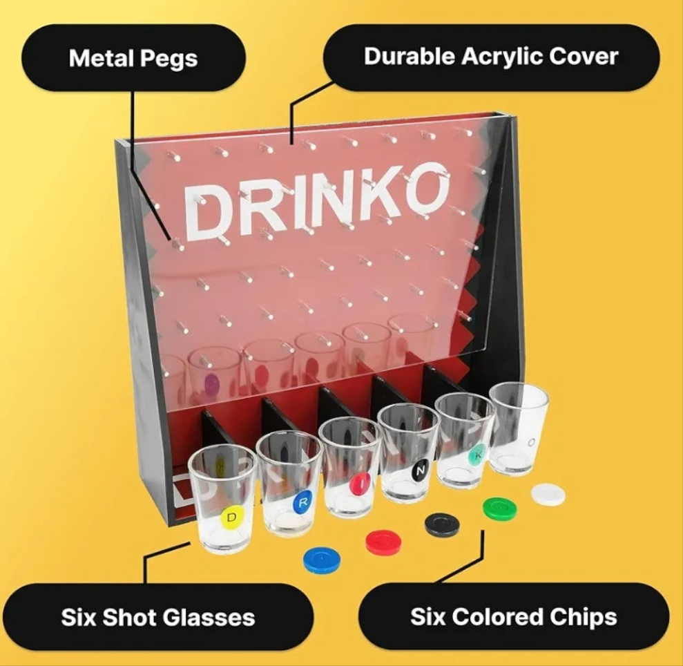 DRINKO Drinking Game - Social Shot Glass Party Fun for Groups & Couples - Multicolor, Glass Shots, Durable Board with Metal Pegs - The Ultimate Party Starter!