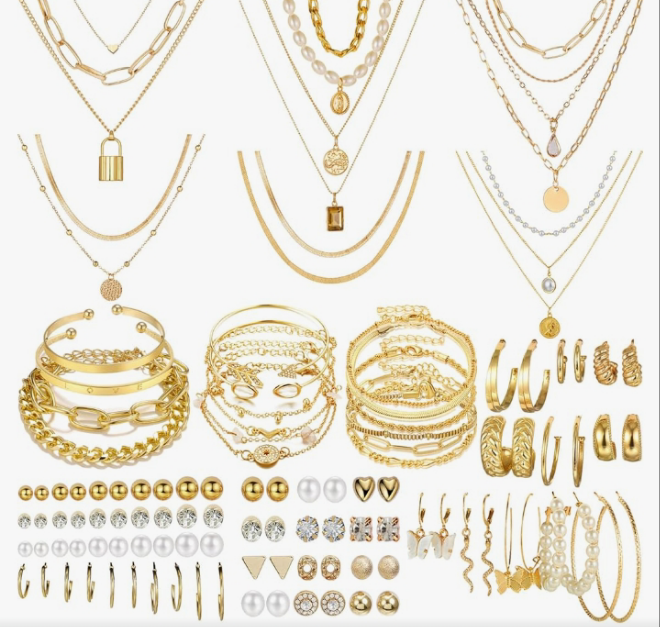 69 Pieces Gold Jewelry Set for Women Fashion Costume Jewelry Gold Plated Necklace Bracelet Gold Earrings Set for Women