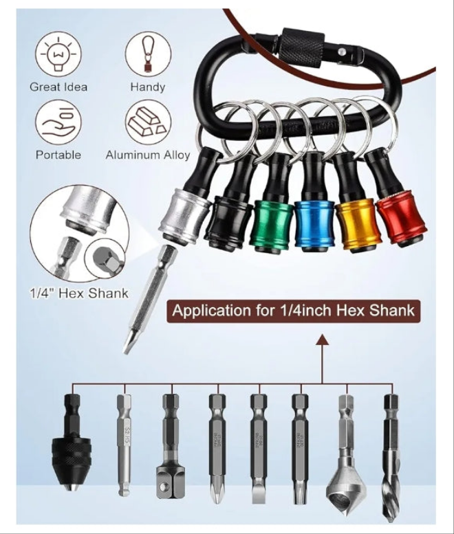 Push to Unlock,Katerk 6pcs 1/4 inch Hex Shank Aluminum Alloy Screwdriver Bit Holder Light-Weight Quick-Change Extension Bar Keychain Drill Screw Adapter Portable,Black Carabiner,Tool Gifts for Men