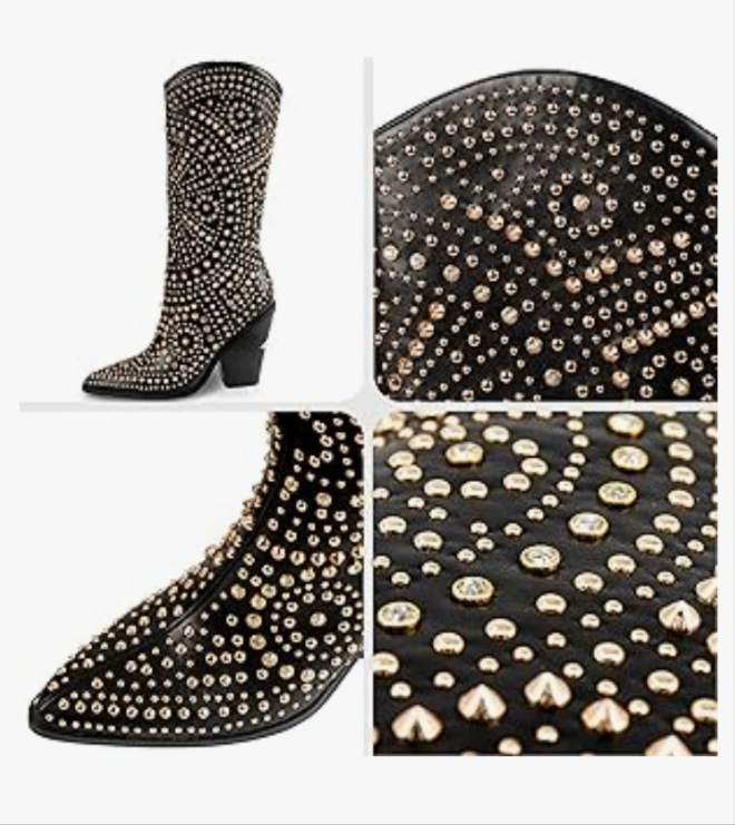 Womens Boots Pointed Toe and Chunky Heel Boots for Women Luxurious Studded Boots Tall Boots with Metallic Rivets,