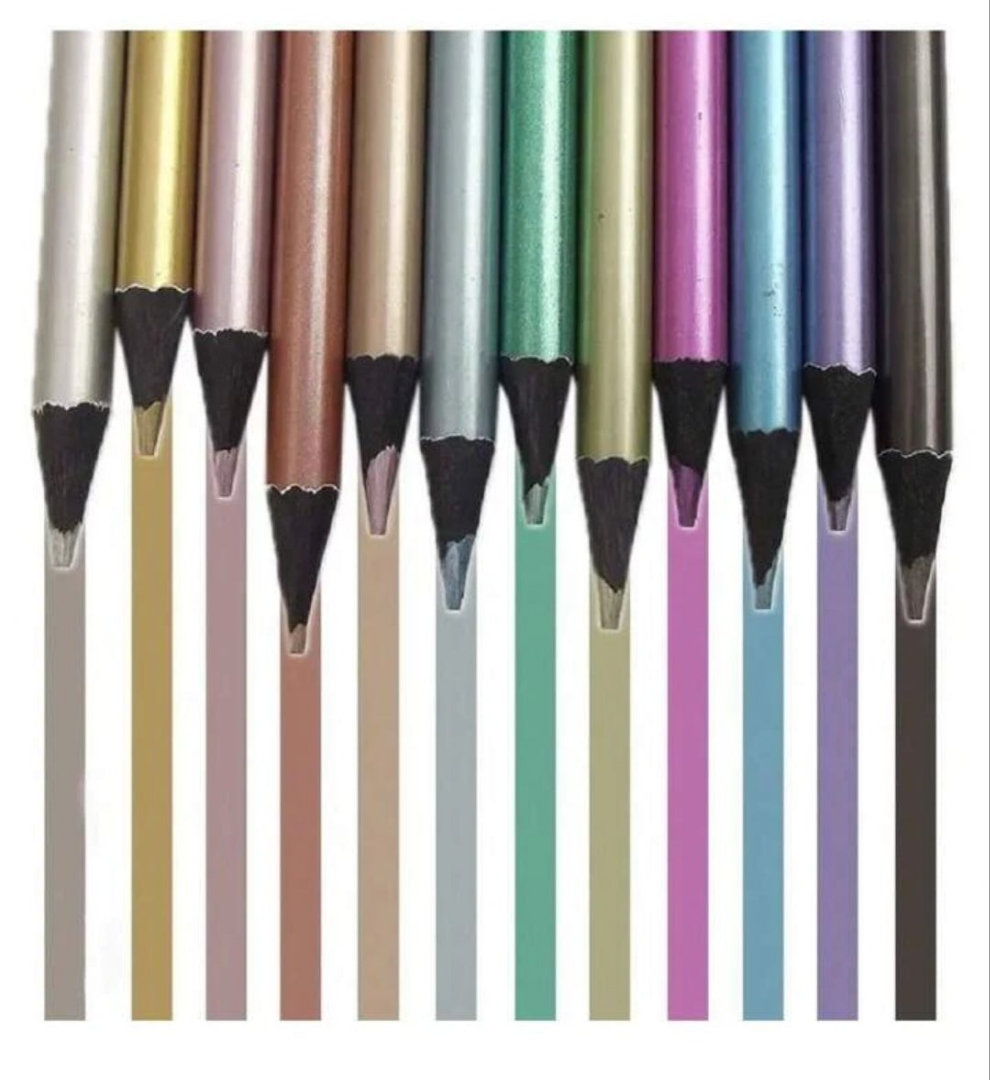 12 Vibrant Metallic Colored Pencils - Unleash Your Creativity with These Art Supplies! Wood