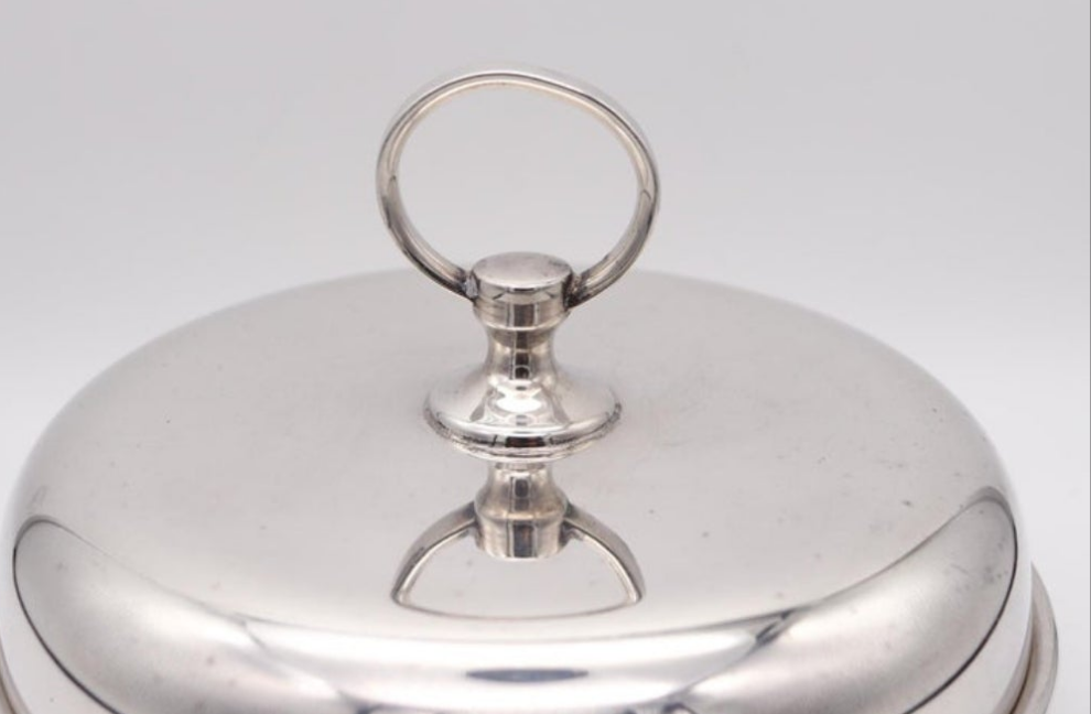 Hermes Paris 1960 Vintage Modernist Desk Box Round Covered Dish In silver
