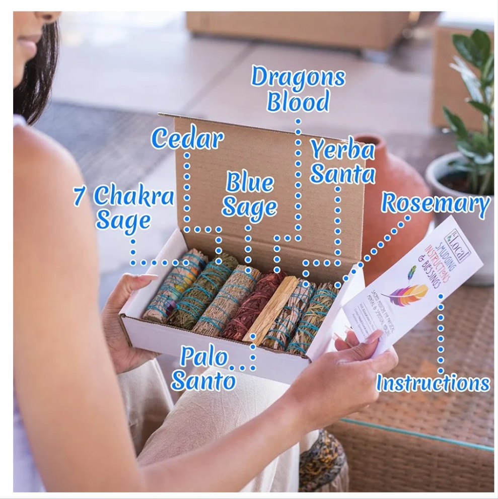 7 Sage Smudge Kit with Blue Sage, 7 Chakra White Sage, Cedar, Dragon's Blood, Rosemary, Yerba Santa, Palo Santo | Salvia Blanca para Limpiar Sustainably Sourced