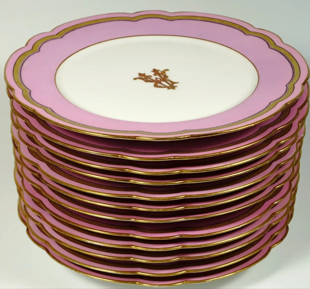 Antique French Old Paris Porcelain Pompadour Pink 15pc Dessert Service Hand Painted Gold Monogram