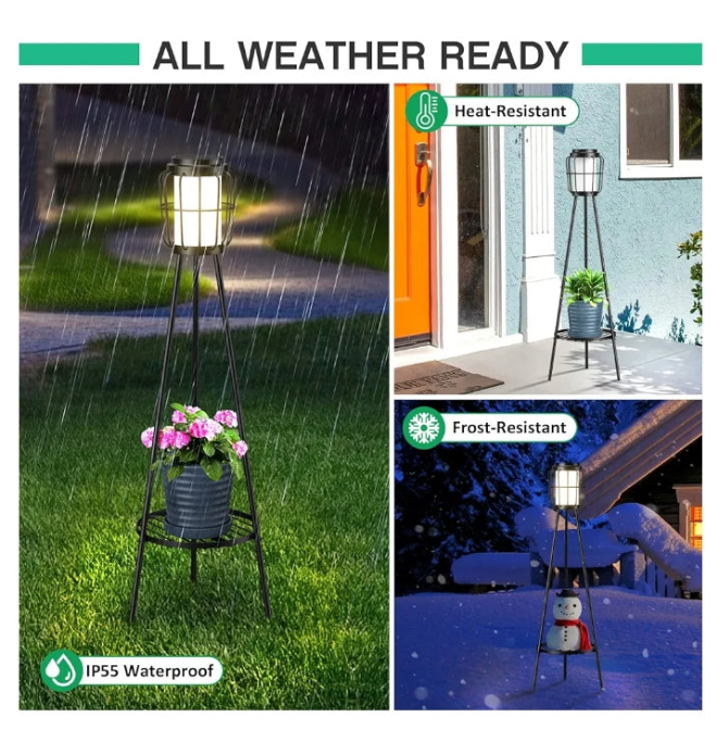 2 Pack Solar Lights Outdoor with Plant Stands, Solar Floor Lamp, Solar Powered Street Lights Metal Tripod Deck Lights, Patio Decor for Garden Yard Pathway Driveway Porch