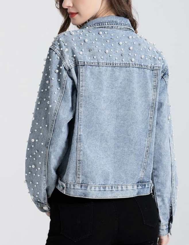 Pearls Denim Jacket Cropped Rhinestones Jean Jacket Coat