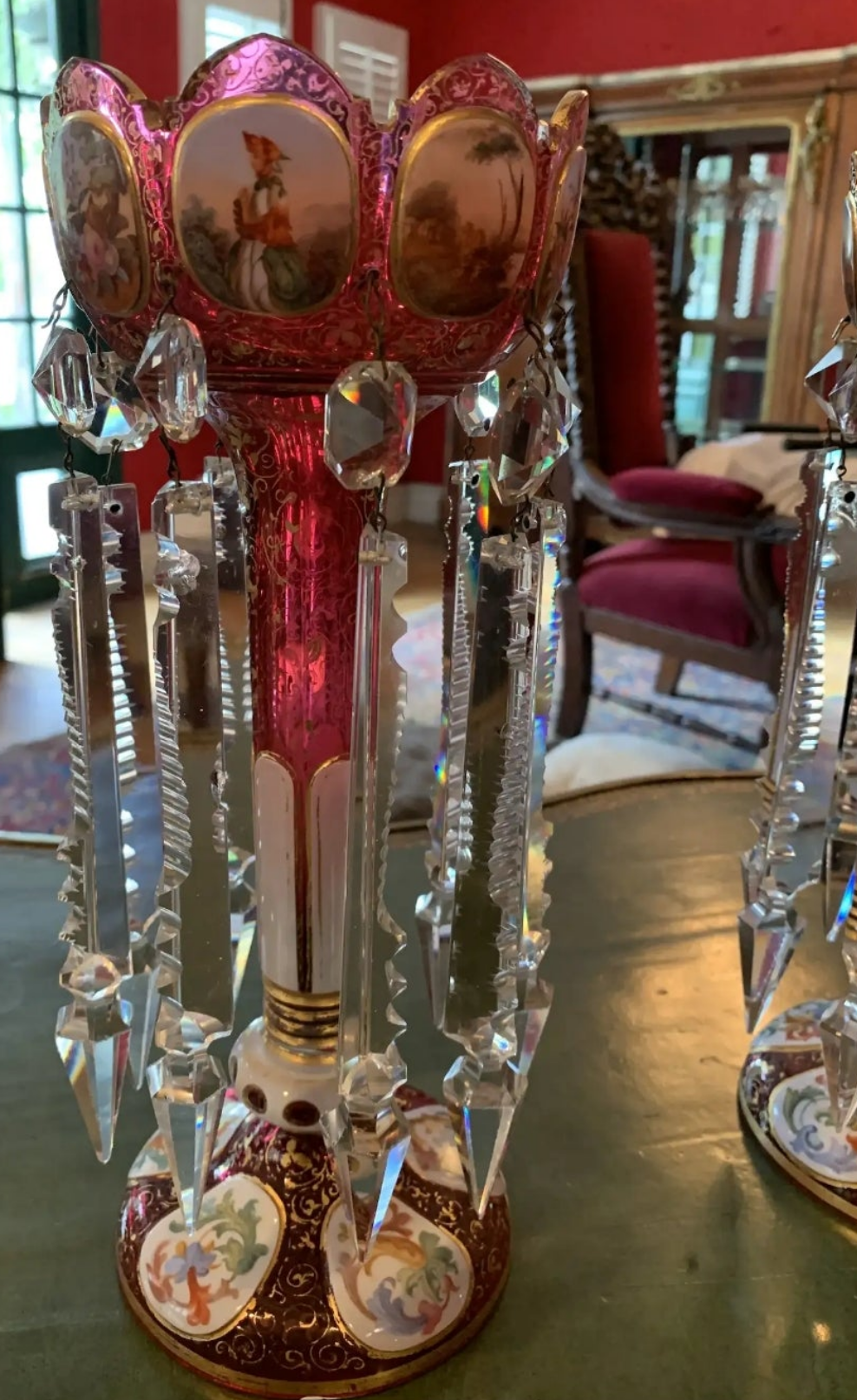 Pair of antique Moser Bohemian cranberry overlay hand painted lusters, circa 1900s cranberry glass