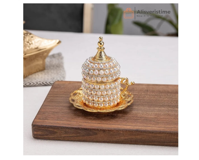 27 Pc Ottoman Turkish Greek Arabic Coffee Espresso Serving Set with Pearl Embellishments, Saucer and Sugar Dish (Silver)