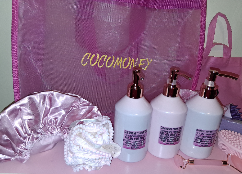 COCOMONEY LUXURY PINK BATH SET SHAMPOO CONDITIONER FACE AND BODY WASH PINK WITH FREE BAG 16oz AND GIFTS packaging may vary